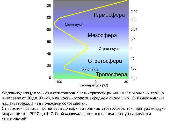 Стратосфера (до 55 км) и стратопауза. Часть стратосферы занимает озоновый слой (в интервале от