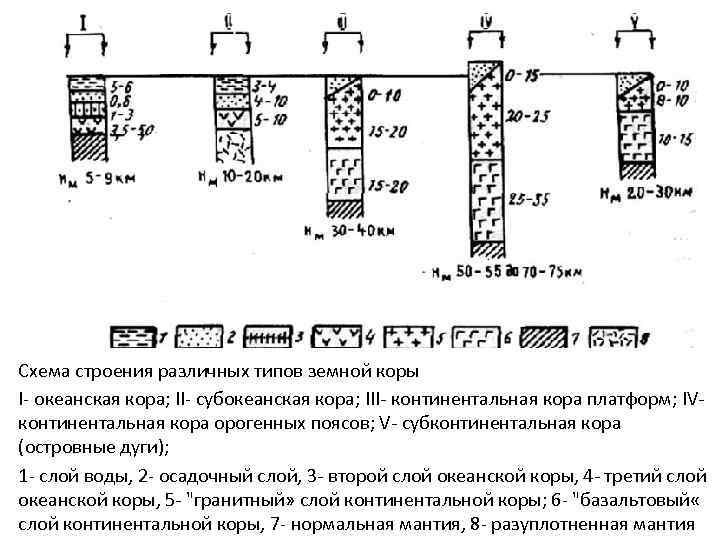 Схема строения различных типов земной коры I- океанская кора; II- субокеанская кора; III- континентальная