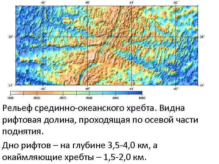 Рельеф срединно-океанского хребта. Видна рифтовая долина, проходящая по осевой части поднятия. Дно рифтов –