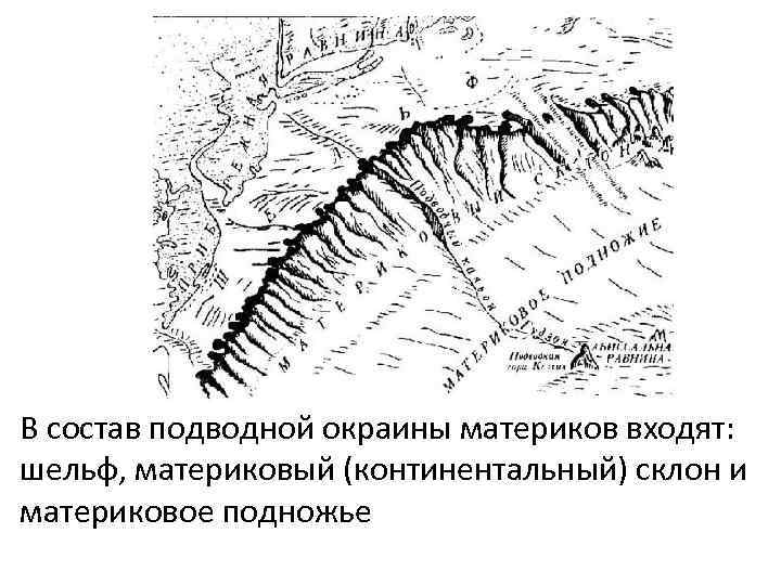 В состав подводной окраины материков входят: шельф, материковый (континентальный) склон и материковое подножье 