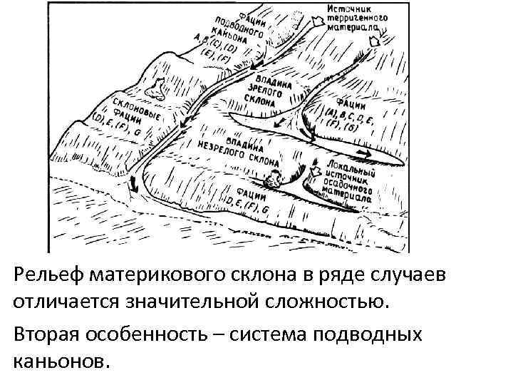 Рельеф материкового склона в ряде случаев отличается значительной сложностью. Вторая особенность – система подводных