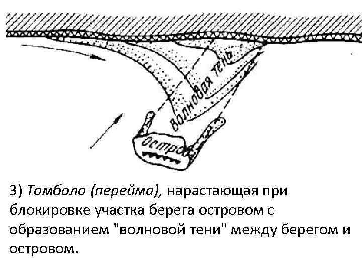 3) Томболо (перейма), нарастающая при блокировке участка берега островом с образованием 