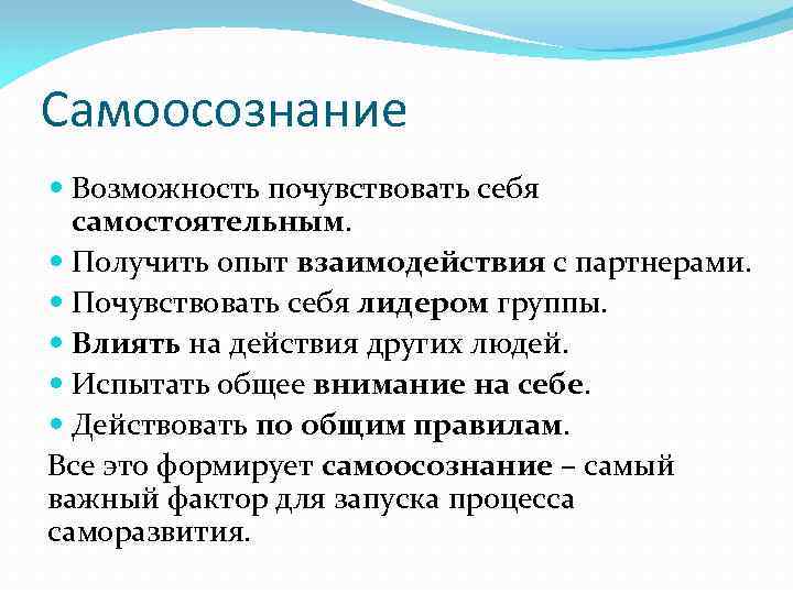 Самоосознание Возможность почувствовать себя самостоятельным. Получить опыт взаимодействия с партнерами. Почувствовать себя лидером группы.