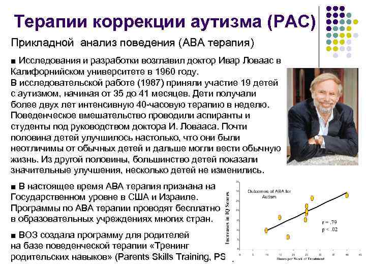 Терапии коррекции аутизма (РАС) Прикладной анализ поведения (ABA терапия) ■ Исследования и разработки возглавил