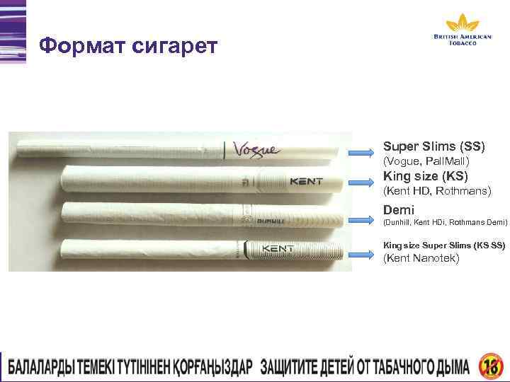 Формат сигарет Super Slims (SS) (Vogue, Pall. Mall) King size (KS) (Kent HD, Rothmans)