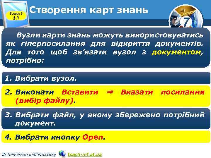 Розділ 2 § 9 Cтворення карт знань 7 Вузли карти знань можуть використовуватись як