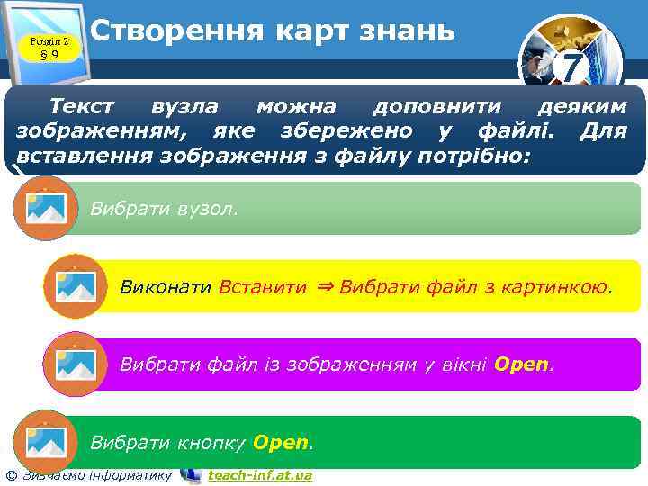 Розділ 2 § 9 Cтворення карт знань 7 Текст вузла можна доповнити деяким зображенням,