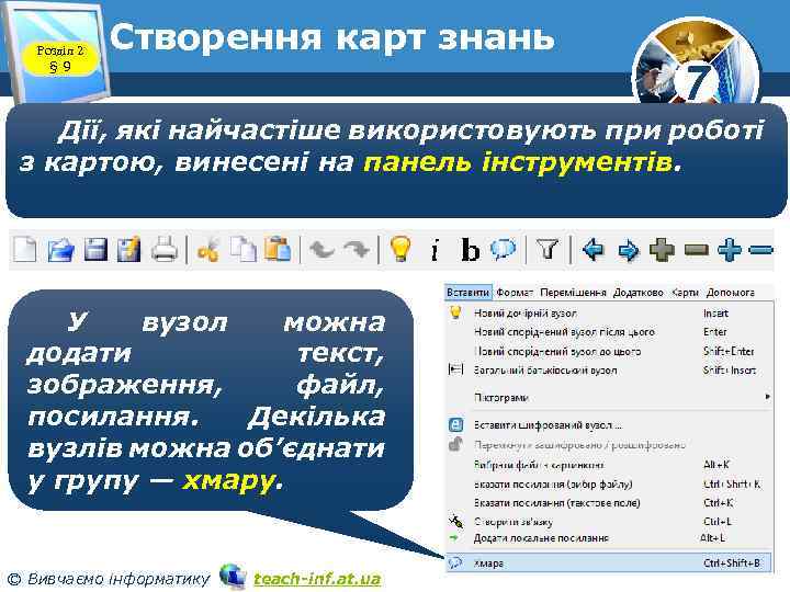 Розділ 2 § 9 Cтворення карт знань 7 Дії, які найчастіше використовують при роботі