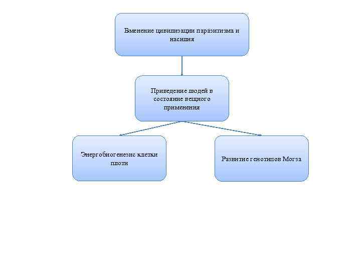 Вменение цивилизации паразитизма и насилия Приведение людей в состояние вещного применения Энергобиогенезис клетки плоти