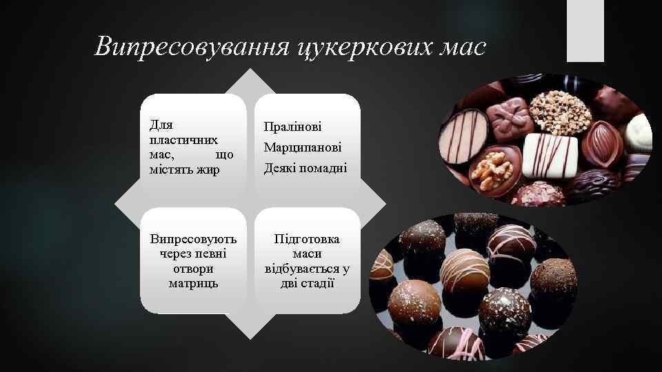 Випресовування цукеркових мас Для пластичних мас, що містять жир Пралінові Випресовують через певні отвори