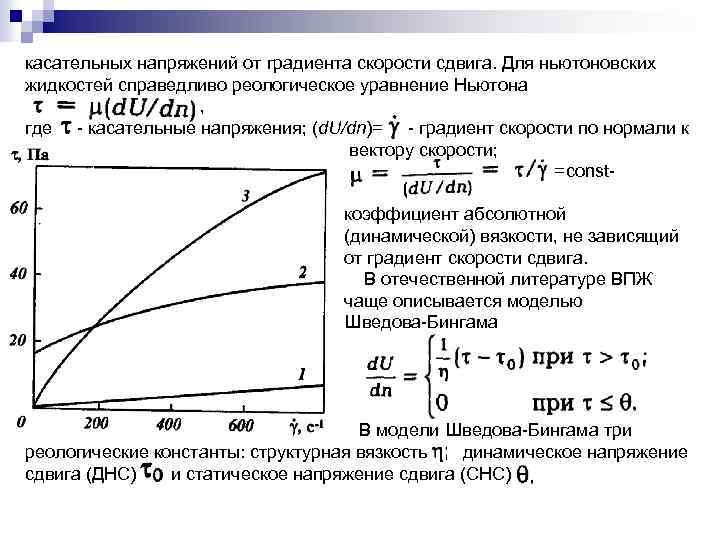 касательных напряжений от градиента скорости сдвига. Для ньютоновских жидкостей справедливо реологическое уравнение Ньютона ,