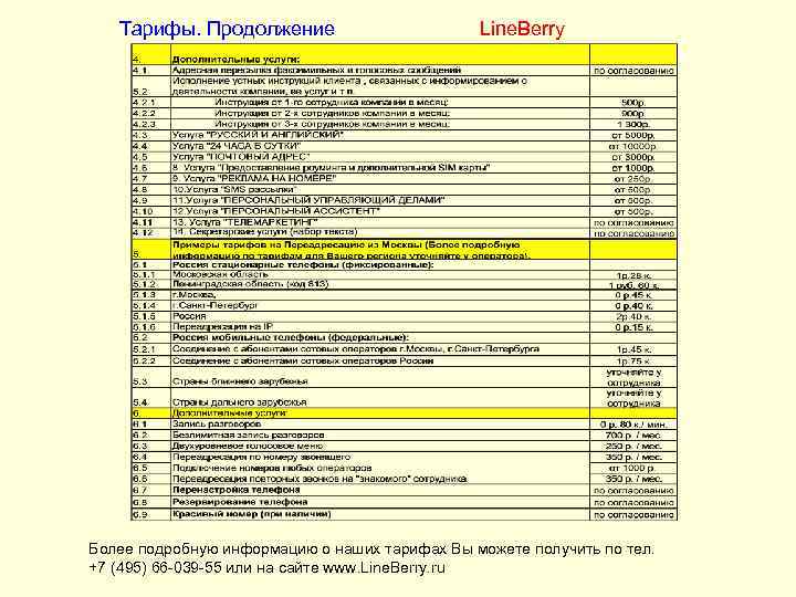 Тарифы. Продолжение Line. Berry Более подробную информацию о наших тарифах Вы можете получить по