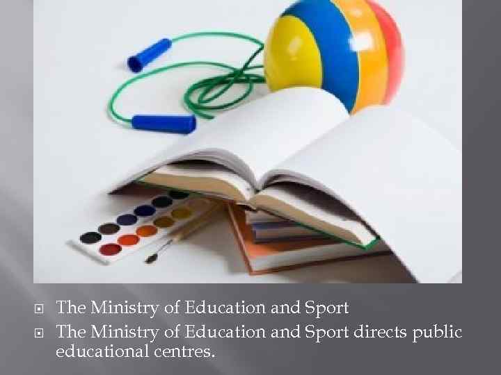  The Ministry of Education and Sport directs public educational centres. 