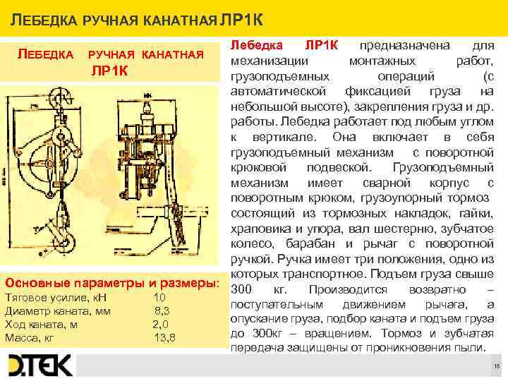 ЛЕБЕДКА РУЧНАЯ КАНАТНАЯ ЛР 1 К Лебедка ЛР 1 К предназначена для механизации монтажных