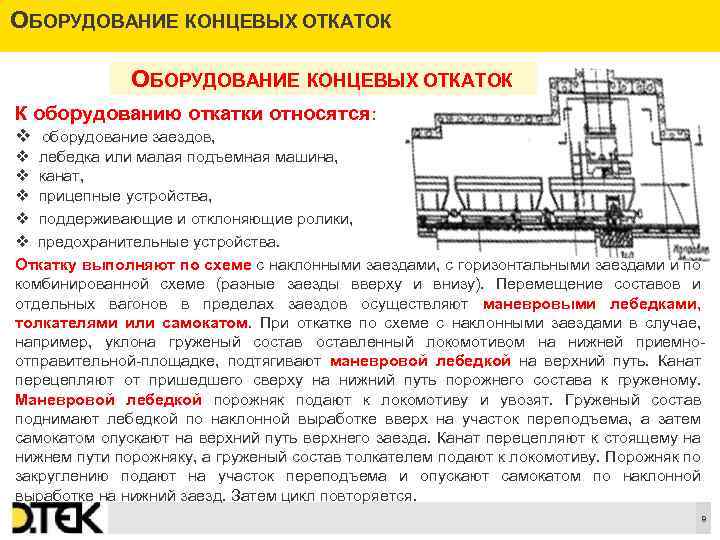 ОБОРУДОВАНИЕ КОНЦЕВЫХ ОТКАТОК К оборудованию откатки относятся: v оборудование заездов, v лебедка или малая