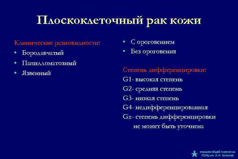 Плоскоклеточный рак кожи Клинические разновидности: • Бородавчатый • Папилломатозный • Язвенный • С ороговением