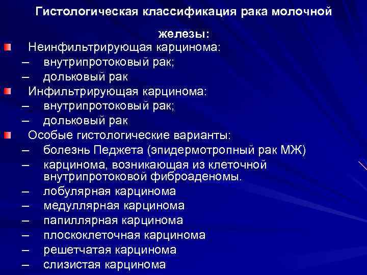 Гистологическая классификация рака молочной железы: Неинфильтрирующая карцинома: – внутрипротоковый рак; – дольковый рак Инфильтрирующая