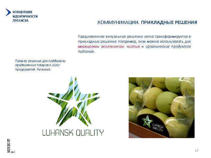 КОНЦЕПЦИЯ ИДЕНТИЧНОСТИ ЛУГАНСКА КОММУНИКАЦИИ. ПРИКЛАДНЫЕ РЕШЕНИЯ Предложенное визуальное решение легко трансформируется в прикладные решения.