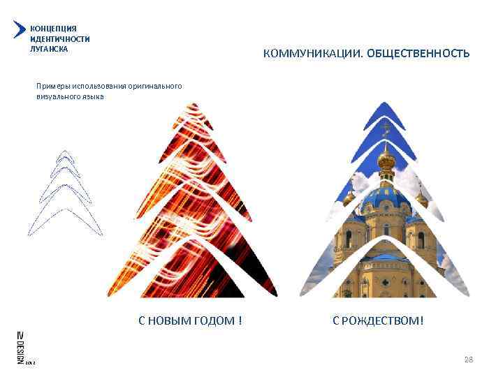 КОНЦЕПЦИЯ ИДЕНТИЧНОСТИ ЛУГАНСКА КОММУНИКАЦИИ. ОБЩЕСТВЕННОСТЬ Примеры использования оригинального визуального языка С НОВЫМ ГОДОМ !
