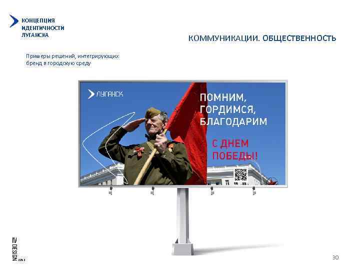 КОНЦЕПЦИЯ ИДЕНТИЧНОСТИ ЛУГАНСКА КОММУНИКАЦИИ. ОБЩЕСТВЕННОСТЬ Примеры решений, интегрирующих бренд в городскую среду 2012 30