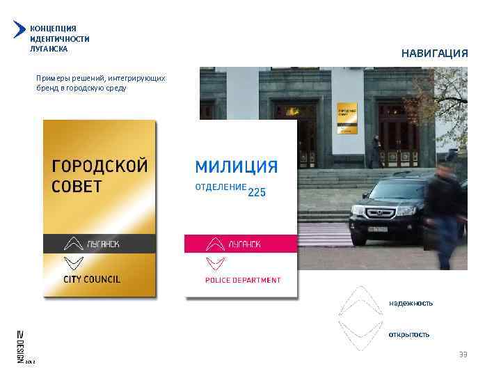 КОНЦЕПЦИЯ ИДЕНТИЧНОСТИ ЛУГАНСКА НАВИГАЦИЯ Примеры решений, интегрирующих бренд в городскую среду надежность открытость 2012