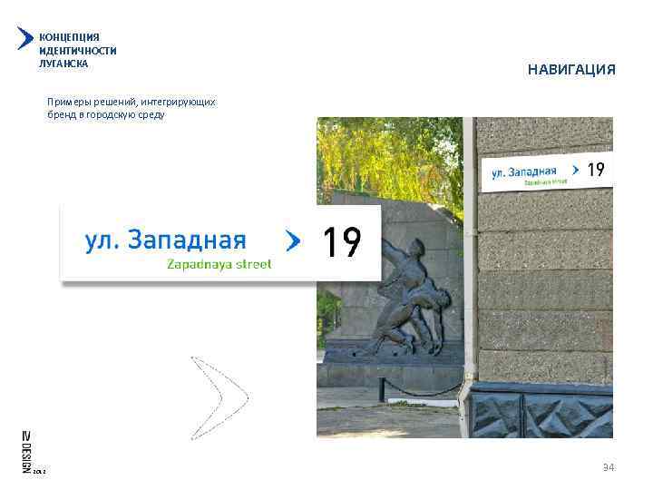 КОНЦЕПЦИЯ ИДЕНТИЧНОСТИ ЛУГАНСКА НАВИГАЦИЯ Примеры решений, интегрирующих бренд в городскую среду 2012 34 