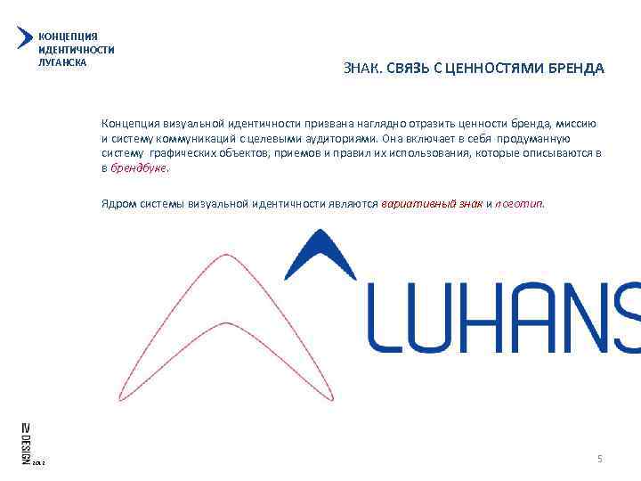 КОНЦЕПЦИЯ ИДЕНТИЧНОСТИ ЛУГАНСКА ЗНАК. СВЯЗЬ С ЦЕННОСТЯМИ БРЕНДА Концепция визуальной идентичности призвана наглядно отразить