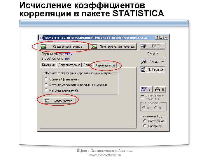 Исчисление коэффициентов корреляции в пакете STATISTICA ©Центр Статистического Анализа, www. statmethods. ru 