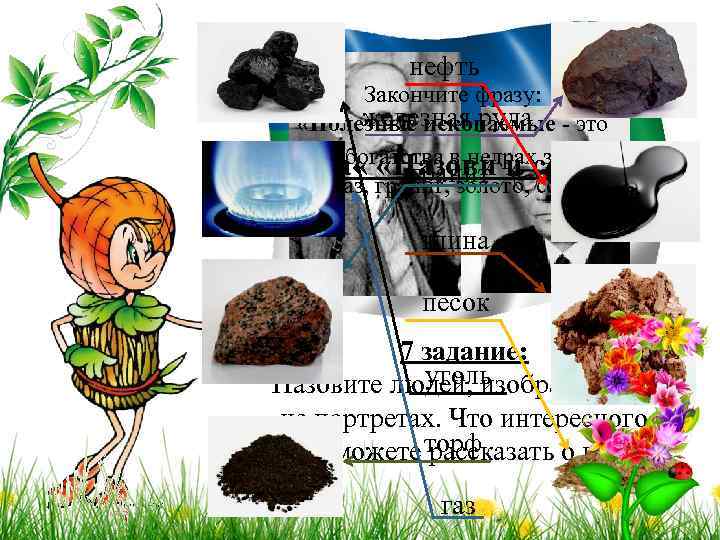 нефть Закончите фразу: железная руда «Полезные ископаемые - это природные богатства в недрах земли: