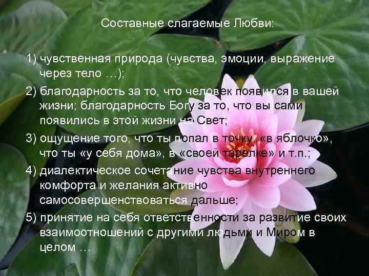 Составные слагаемые Любви: 1) чувственная природа (чувства, эмоции, выражение через тело …); 2) благодарность