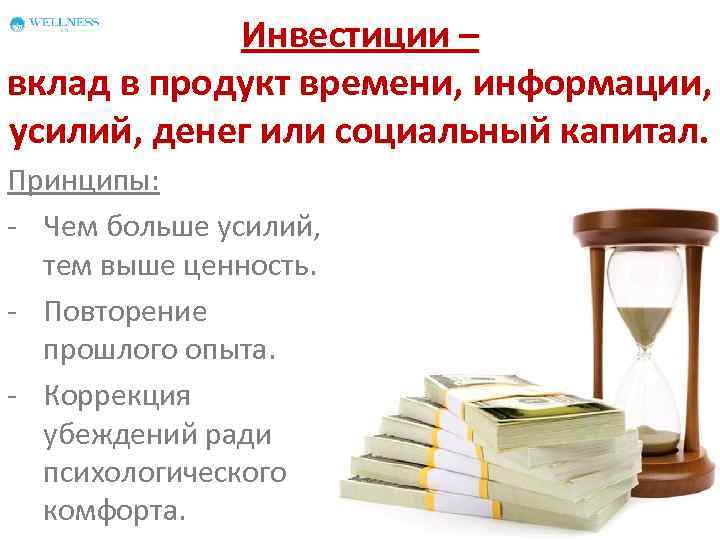 Инвестиции – вклад в продукт времени, информации, усилий, денег или социальный капитал. Принципы: -