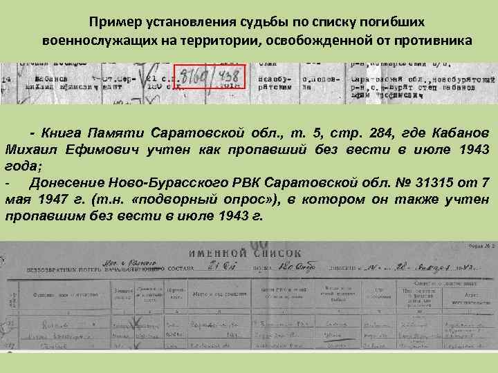 Пример установления судьбы по списку погибших военнослужащих на территории, освобожденной от противника - Книга