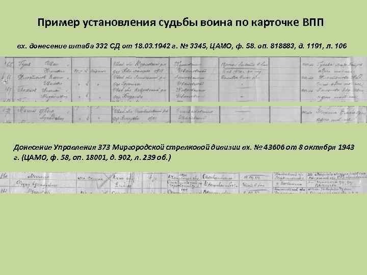 Пример установления судьбы воина по карточке ВПП вх. донесение штаба 332 СД от 18.