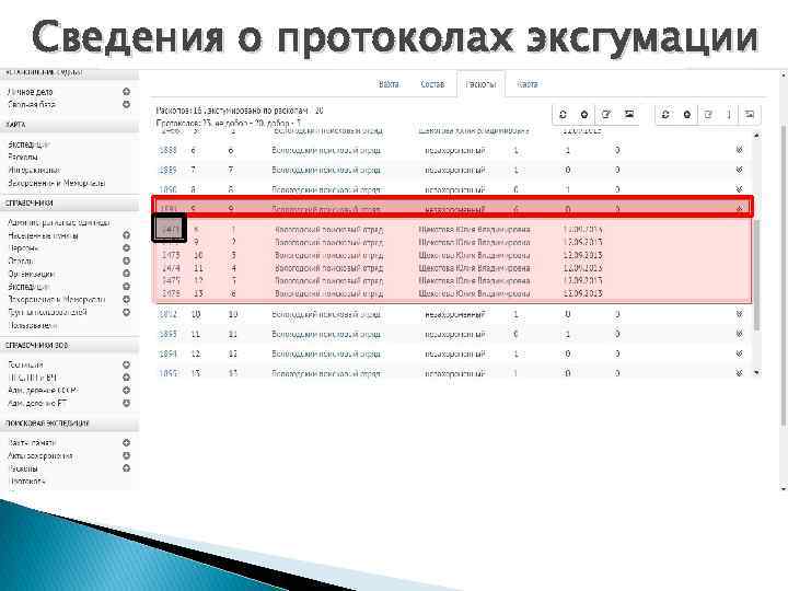 Сведения о протоколах эксгумации 