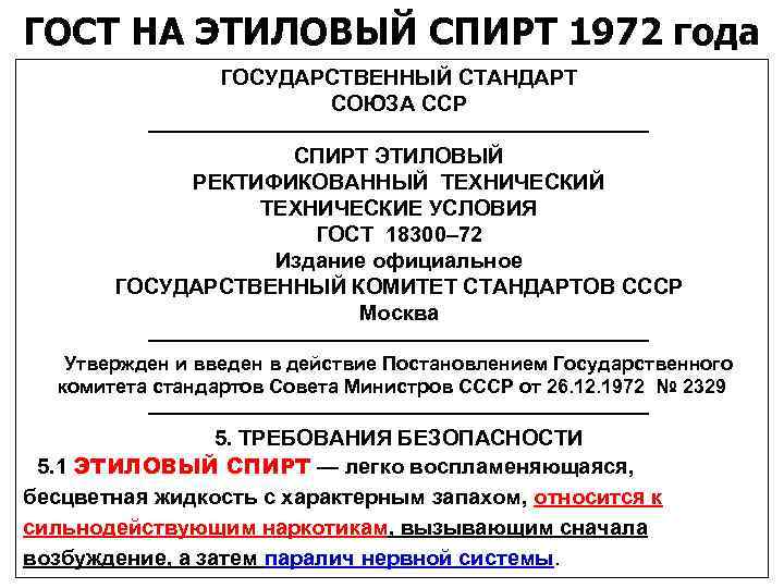 ГОСТ НА ЭТИЛОВЫЙ СПИРТ 1972 года ГОСУДАРСТВЕННЫЙ СТАНДАРТ СОЮЗА ССР ———————————— СПИРТ ЭТИЛОВЫЙ РЕКТИФИКОВАННЫЙ