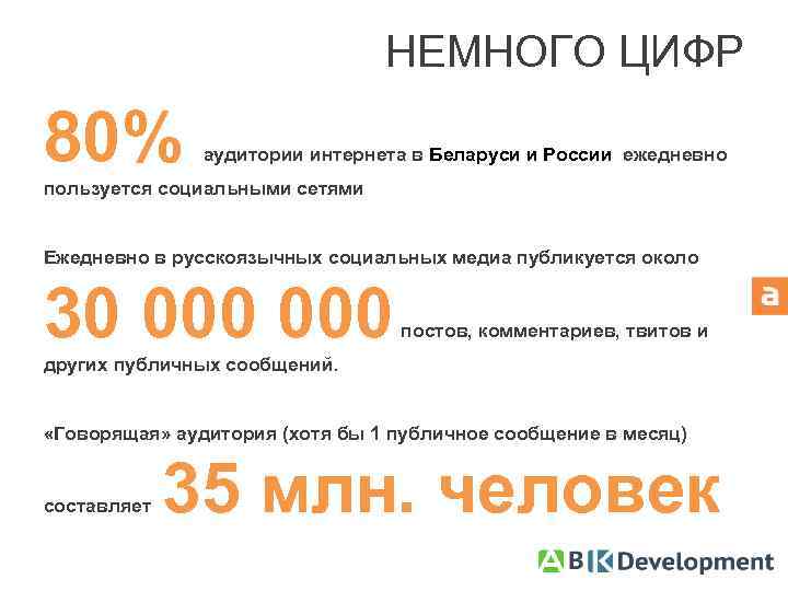 НЕМНОГО ЦИФР 80% аудитории интернета в Беларуси и России ежедневно пользуется социальными сетями Ежедневно