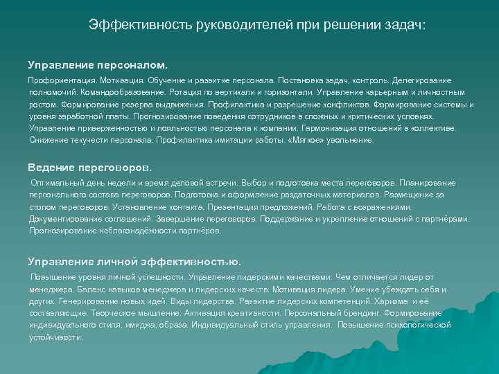 Эффективность руководителей при решении задач: Управление персоналом. Профориентация. Мотивация. Обучение и развитие персонала. Постановка