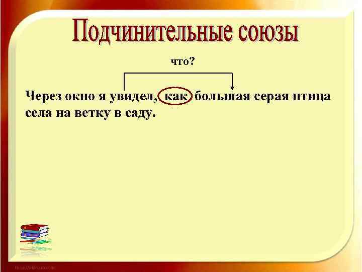 Урок союз 7. Подчинительные Союзы.урок 7 класс презентация. Подчинительные временные Союзы. Через окно я увидел как большая серая птица села на ветку клена в саду. Через Союз.