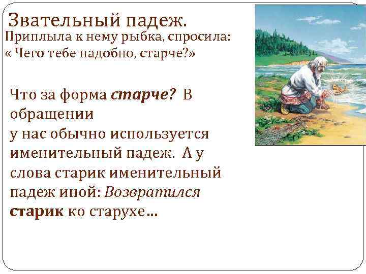 Звательный падеж. Приплыла к нему рыбка, спросила: « Чего тебе надобно, старче? » Что