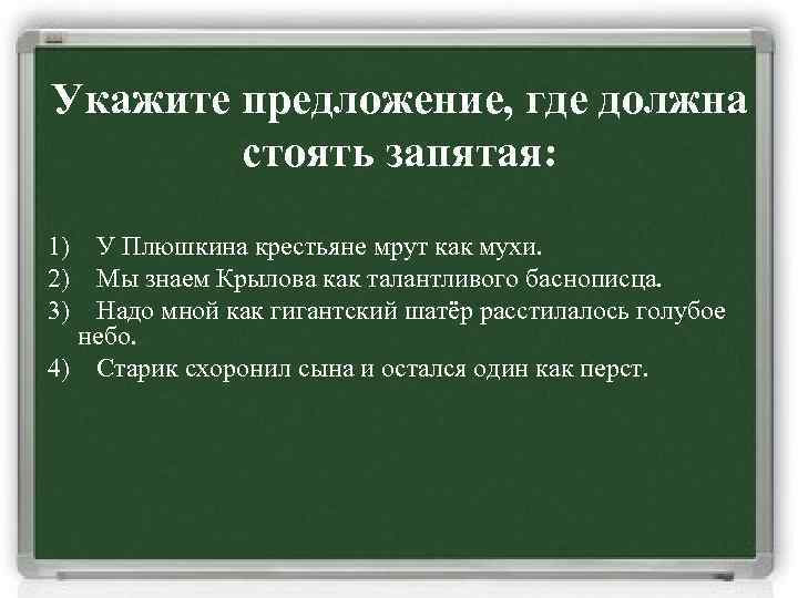 Укажите предложение, где должна стоять запятая: 1) У Плюшкина крестьяне мрут как мухи. 2)