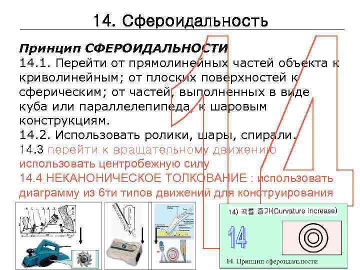 14. Сфероидальность Принцип СФЕРОИДАЛЬНОСТИ 14. 1. Перейти от прямолинейных частей объекта к криволинейным; от