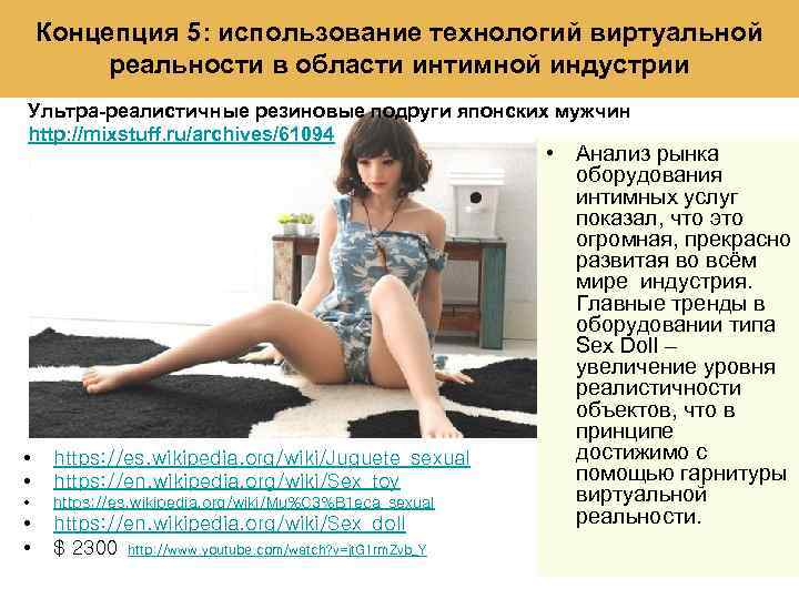 Концепция 5: использование технологий виртуальной реальности в области интимной индустрии Ультра-реалистичные резиновые подруги японских