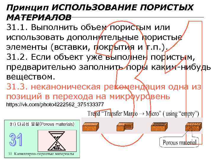 Принцип ИСПОЛЬЗОВАНИЕ ПОРИСТЫХ МАТЕРИАЛОВ 31. 1. Выполнить объем пористым или использовать дополнительные пористые элементы