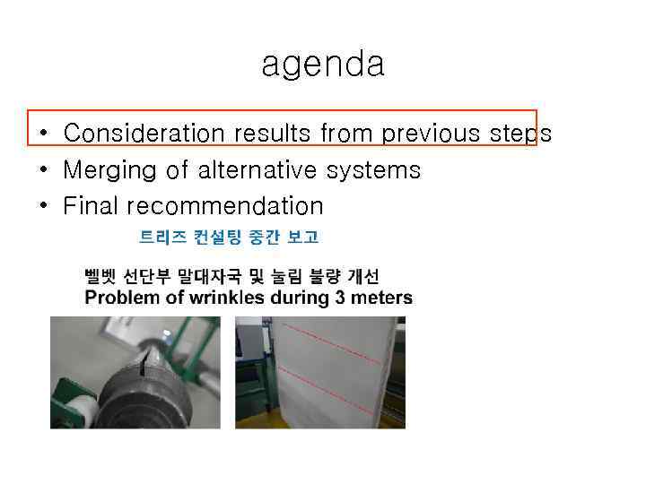 agenda • Consideration results from previous steps • Merging of alternative systems • Final