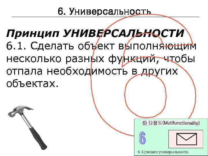 6. Универсальность Принцип УНИВЕРСАЛЬНОСТИ 6. 1. Сделать объект выполняющим несколько разных функций, чтобы отпала