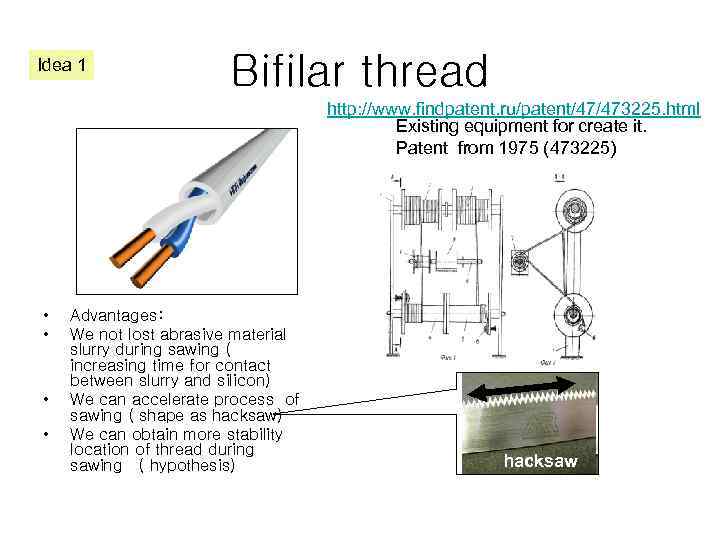 Idea 1 Bifilar thread http: //www. findpatent. ru/patent/47/473225. html Existing equipment for create it.