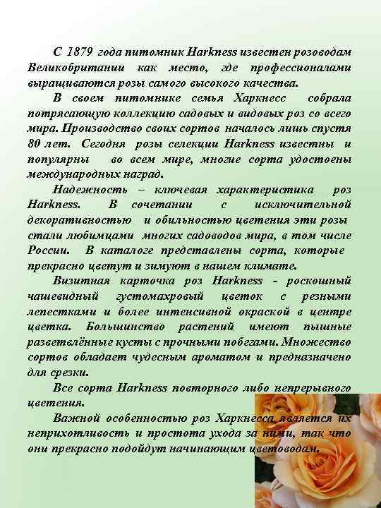 С 1879 года питомник Harkness известен розоводам Великобритании как место, где профессионалами выращиваются розы