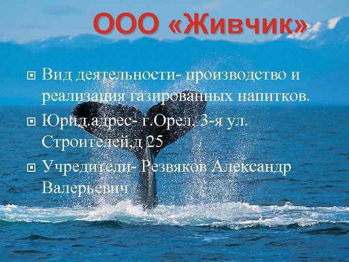 ООО «Живчик» Вид деятельности- производство и реализация газированных напитков. Юрид. адрес- г. Орел, 3