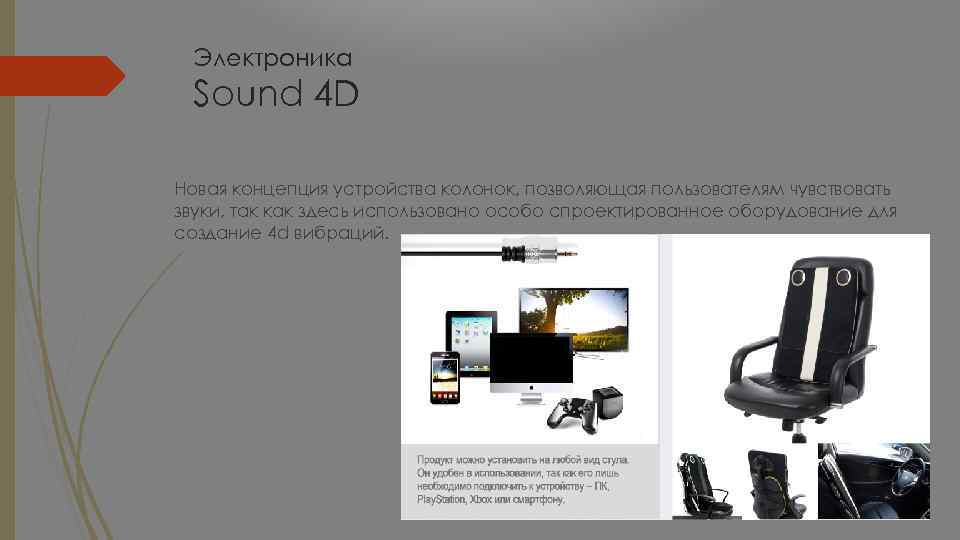 Электроника Sound 4 D Новая концепция устройства колонок, позволяющая пользователям чувствовать звуки, так как