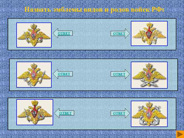 Назвать эмблемы видов и родов войск РФ: ОТВЕТ ОТВЕТ 